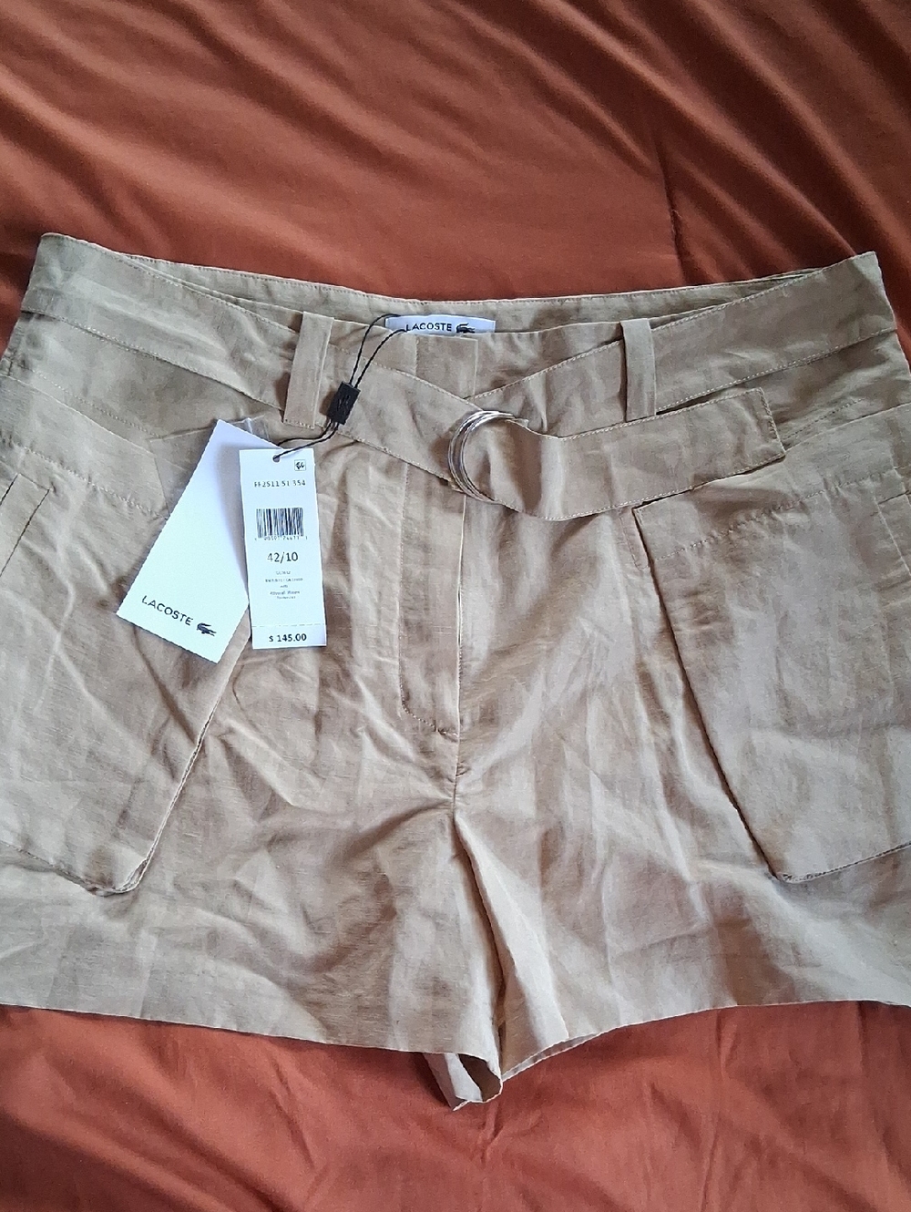 Lacoste Women's Tan/Oat Belted Shorts Size 42/10 NWT